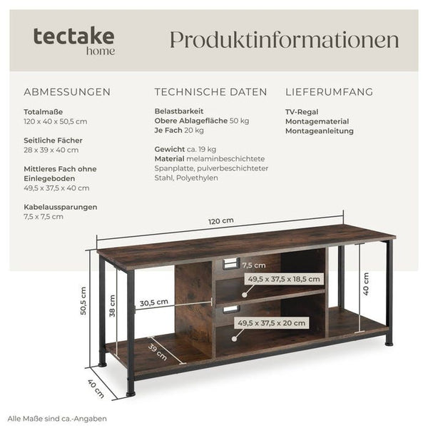 TV-Regal mit 4 offenen Fächern und verstellbarem Einlegeboden Industrial dunkelbraun 120 cm