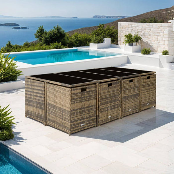 Rattan Sitzgruppe Palma 8+4+1 mit Schutzhülle natur/dunkelgrau
