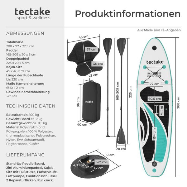 Stand-Up Paddle Board 2in1 Zenon weiss/türkis 288 cm mit Kamerahalterung