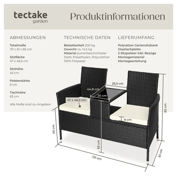 Rattan Gartensitzbank mit Tisch schwarz/beige