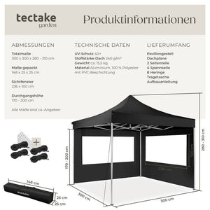 Faltbarer Pavillon 3x3m mit 2 Seitenteilen, schwarz