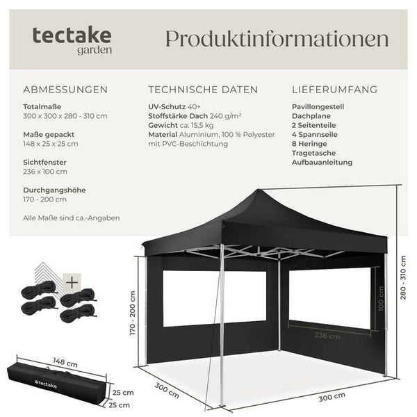 Faltbarer Pavillon 3x3m mit 2 Seitenteilen, schwarz
