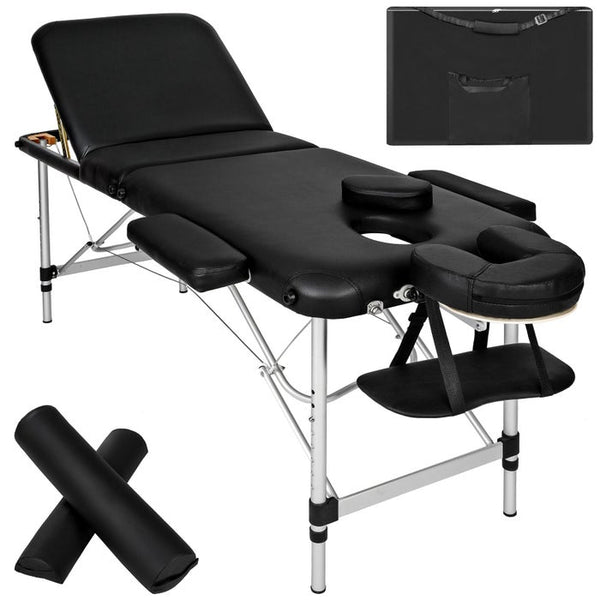 3 Zonen Massageliege mit 5cm Polsterung, Rollen und Aluminiumgestell schwarz