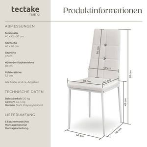6 Esszimmerstühle, Kunstleder mit Glitzersteinen weiss