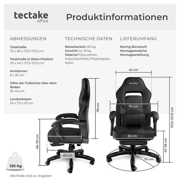 Racing office chair Comodo with footrest, black/black