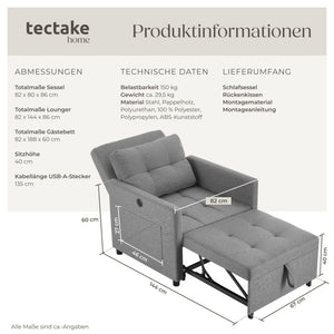 Schlafsessel Toyama 3in1 mit verstellbarer Rückenlehne grau