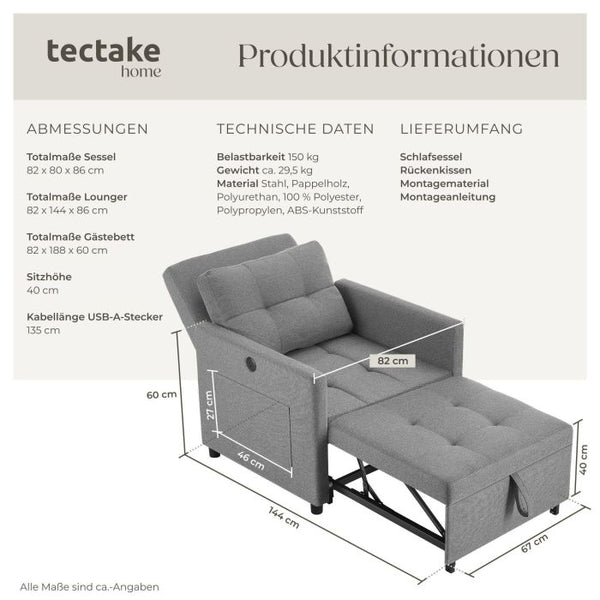 Schlafsessel Toyama 3in1 mit verstellbarer Rückenlehne grau