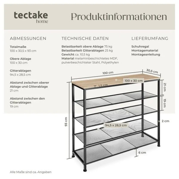 Schuhregal Sheffield 4 Etagen Industrial Holz hell, Eiche Sonoma