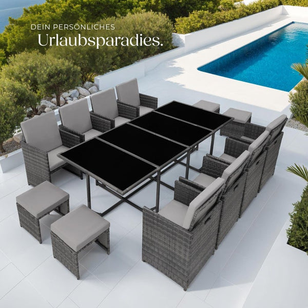 Rattan Sitzgruppe Palma 8+4+1 mit Schutzhülle grau/hellgrau