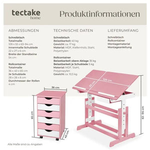 Kinderschreibtisch höhenverstellbar mit Rollcontainer rosa