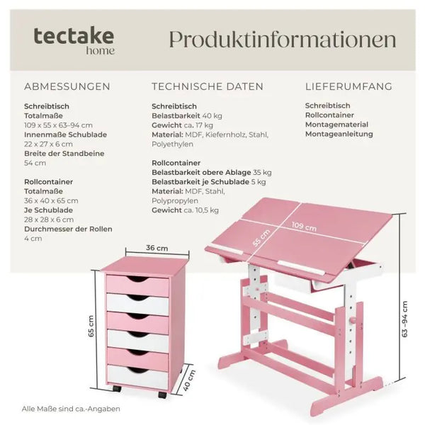 Kinderschreibtisch höhenverstellbar mit Rollcontainer rosa