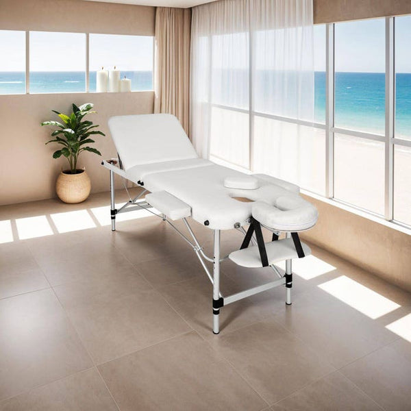 3 Zonen Massageliege mit 5cm Polsterung und Aluminiumgestell weiss