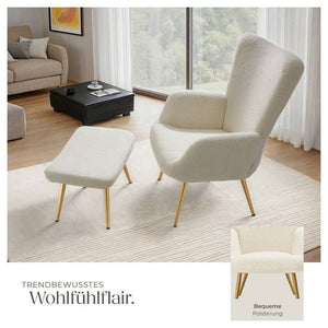Sessel Hygge gepolstert, ergonomisch, Belastbarkeit 150 kg Bouclé creme/gold mit Hocker