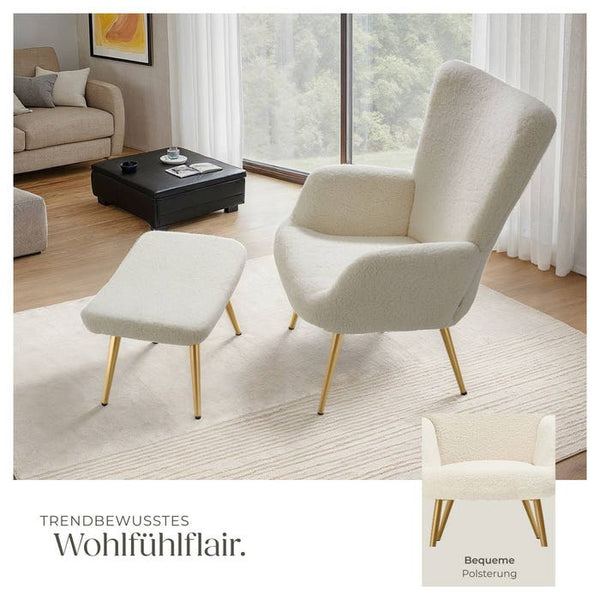 Sessel Hygge gepolstert, ergonomisch, Belastbarkeit 150 kg Bouclé creme/gold mit Hocker