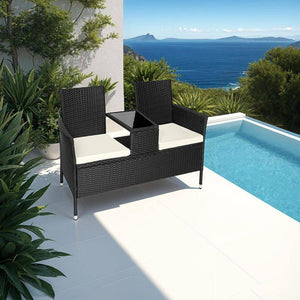 Rattan Gartensitzbank mit Tisch schwarz/beige