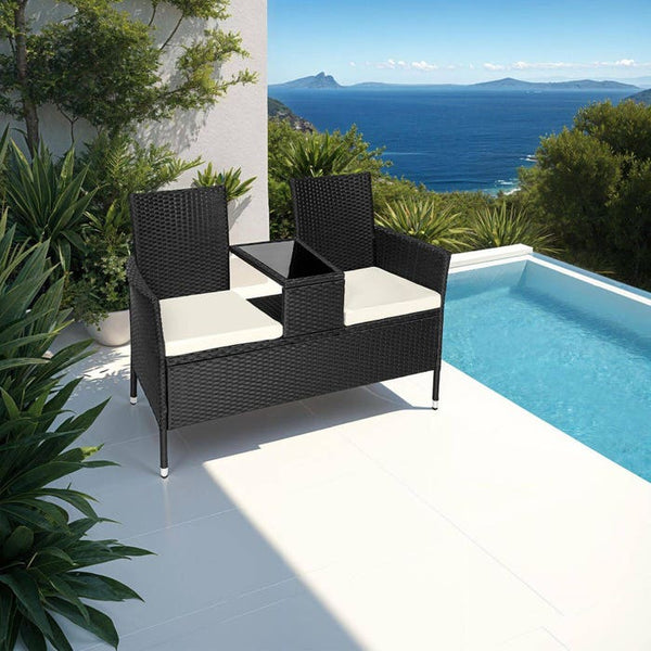 Rattan Gartensitzbank mit Tisch schwarz/beige