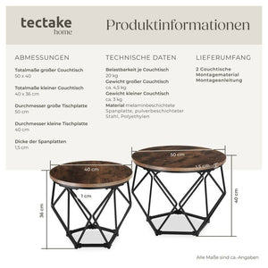 2er Set Couchtisch Benham Industrial Holz dunkel, rustikal