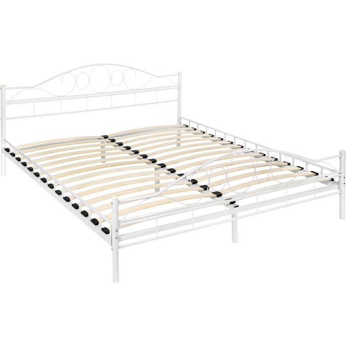 Letto in metallo con rete a doghe dal design romantico, bianco/bianco, 200 x 180 cm 
