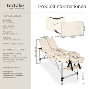 3 Zonen Massageliege mit 5cm Polsterung und Aluminiumgestell beige