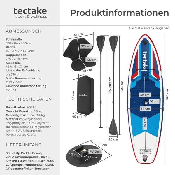 Stand-Up Paddle Board 2in1 Poseidon rot/blau 320 cm mit Kamerahalterung