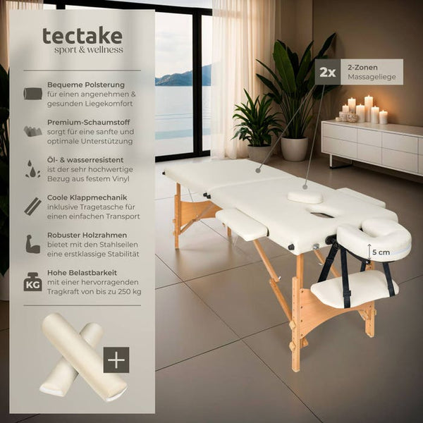 Set lettino da massaggio Freddi a 2 zone con imbottitura da 5 cm, ruote e struttura in legno beige