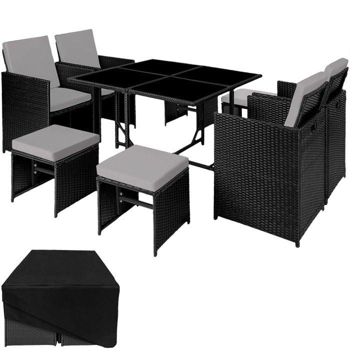 Ensemble de salon de jardin Bilbao 4+4+1 en rotin avec housse de protection - noir/gris