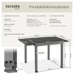 Gartentisch Inca Aluminium ausziehbar Holzoptik schwarz 80 x 80 (120) cm