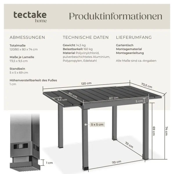 Gartentisch Inca Aluminium ausziehbar Holzoptik schwarz 80 x 80 (120) cm