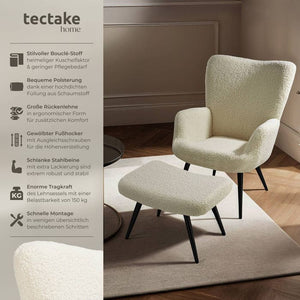Sessel Hygge gepolstert, ergonomisch, Belastbarkeit 150 kg Bouclé creme/schwarz mit Hocker