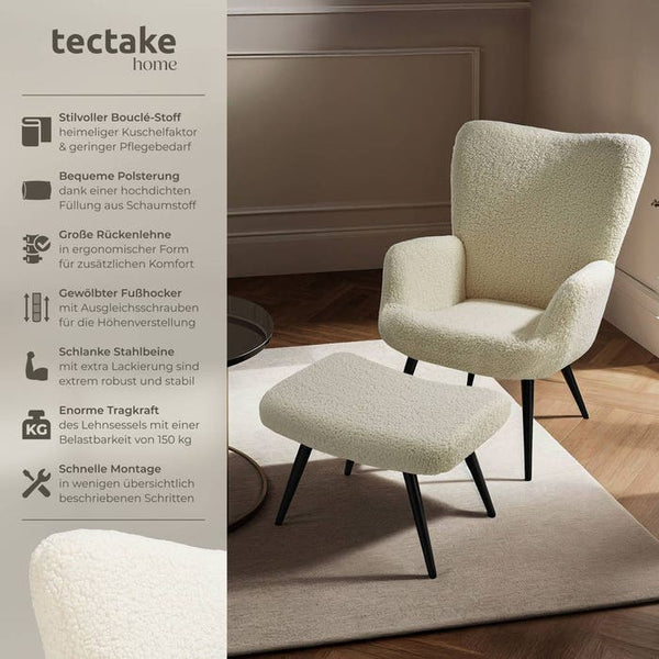 Sessel Hygge gepolstert, ergonomisch, Belastbarkeit 150 kg Bouclé creme/schwarz mit Hocker