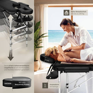 3 Zonen Massageliege mit 5cm Polsterung und Aluminiumgestell schwarz