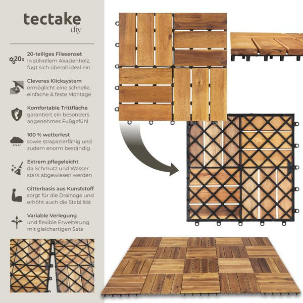 Terrassenfliesen Tabula Akazienholz 12 Lamellen braun 31 x 31 cm, 20 Stück