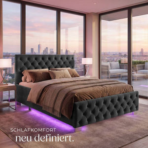 Bettset Polsterbett mit LED und Matratze Samtoptik schwarz 180 x 200 cm