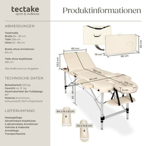 3 Zonen Massageliege mit 5cm Polsterung, Rollen und Aluminiumgestell beige