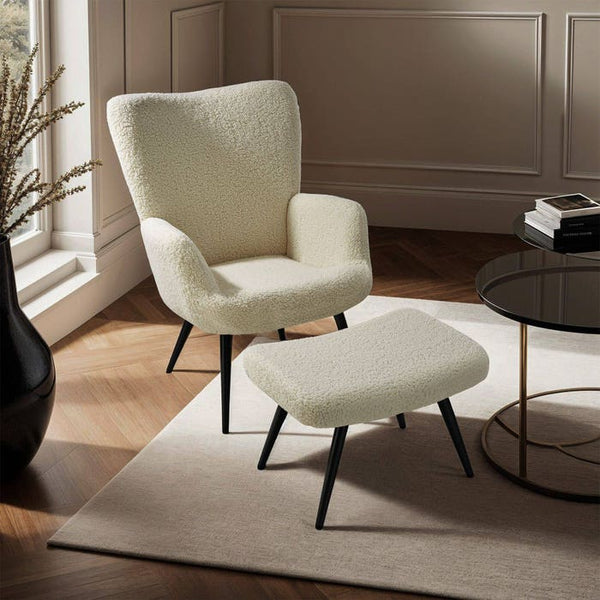 Sessel Hygge gepolstert, ergonomisch, Belastbarkeit 150 kg Bouclé creme/schwarz mit Hocker