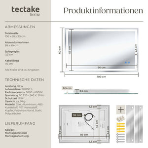 Rechteckiger LED Badezimmerspiegel Clara 60 x 100 cm