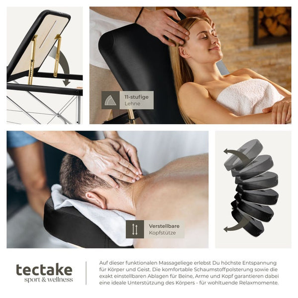 3 Zonen Massageliege mit 5cm Polsterung, Rollen und Aluminiumgestell schwarz