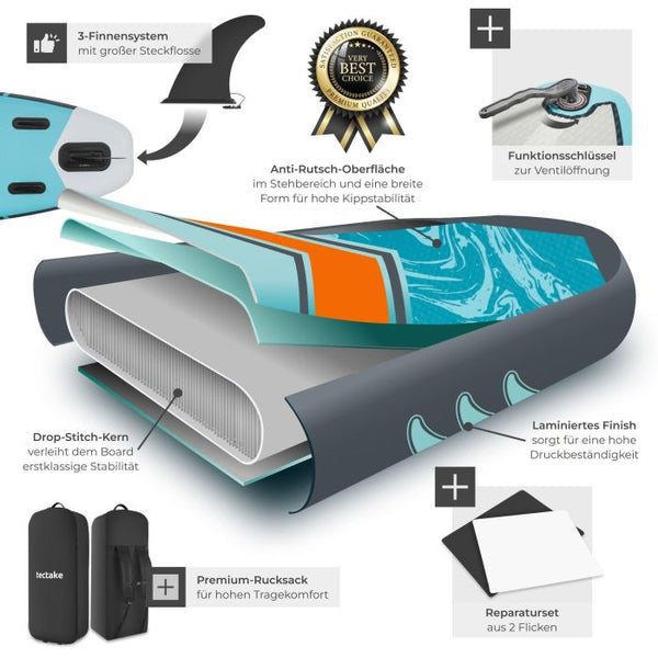 Stand-Up Paddle Board 2in1 Palagios türkis/orange 288 cm ohne Kamerahalterung