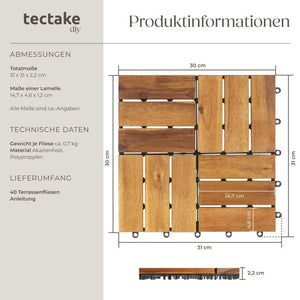 Terrassenfliesen Tabula Akazienholz 12 Lamellen braun 31 x 31 cm, 40 Stück