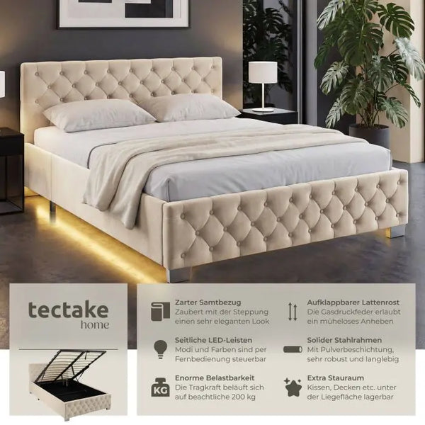 Polsterbett Sedona mit LED und Stauraum Samtoptik sand 120 x 200 cm