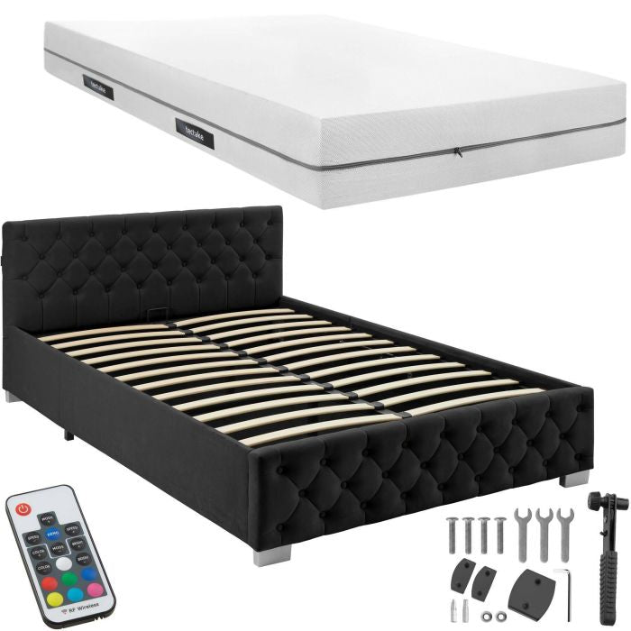 Bettset Polsterbett mit LED und Matratze Samtoptik schwarz 140 x 200 cm