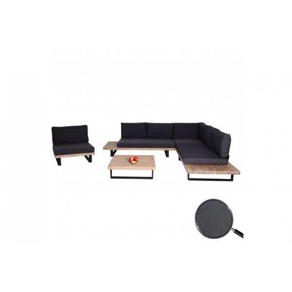 Garten-Garnitur mit Sessel Lounge-Set Sofa, Spun Poly Akazie Holz MVG Aluminium ~ hellbraun, Polster dunkelgrau