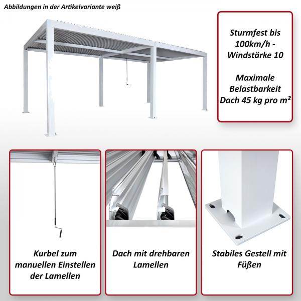 Pergola HWC-L46, Gartenpavillon Lamellen-Pavillon, 11cm-Aluminium-Gestell, Regenrinne sturmfest, 3x6m ~ weiss