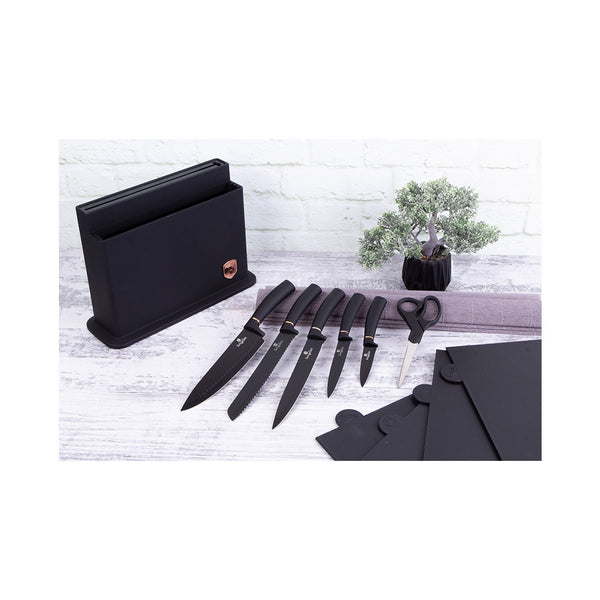 Berlinger Haus Messerset mit Ständer und Schneidebrett Black Rose Collection