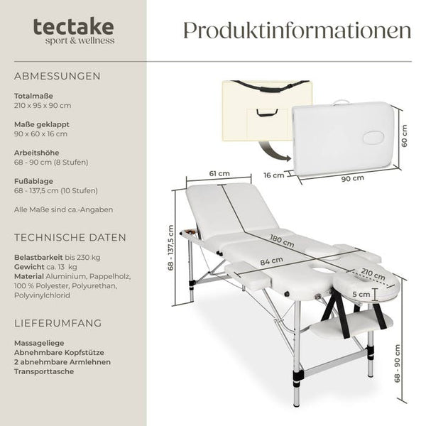 3 Zonen Massageliege mit 5cm Polsterung und Aluminiumgestell weiss