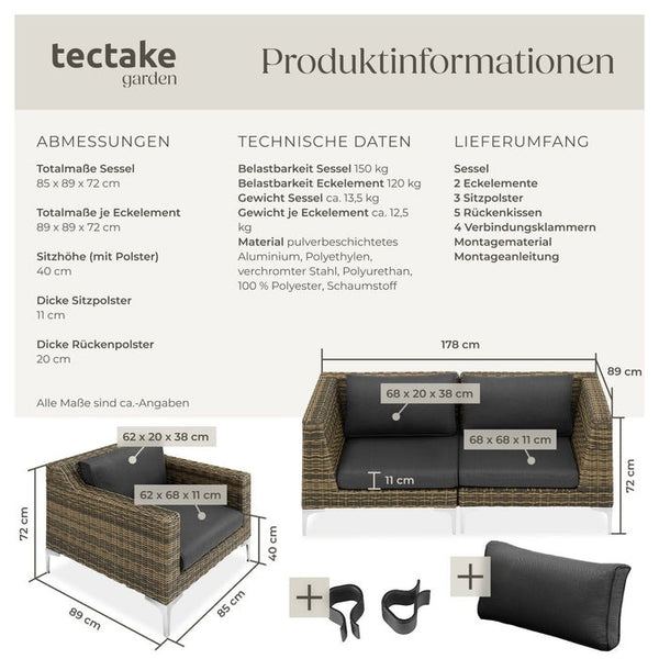 Modulares Rattanset Villanova Set 1 - 2-Sitzer (Ecke links + Ecke rechts + Sessel)
