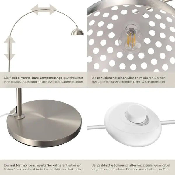 Bogenleuchte Arcus Retro-Stil Nickel matt