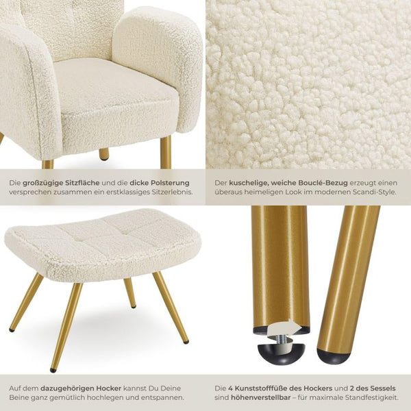 Sessel mit Hocker Vänersborg Bouclé creme/gold
