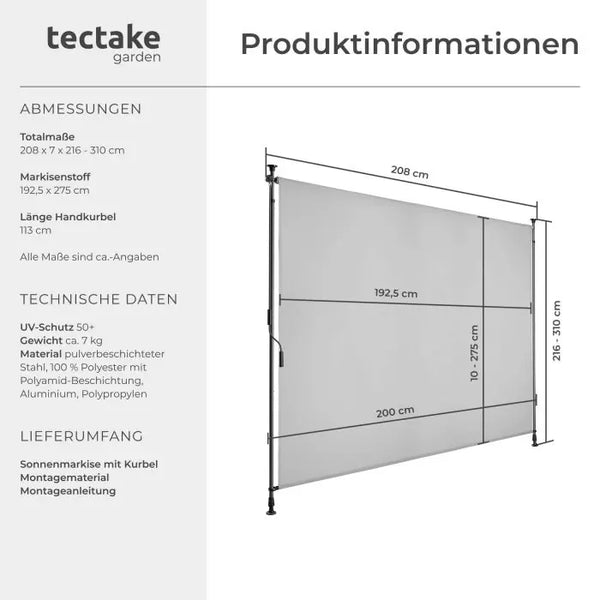 Klemmmarkise Taija hellgrau 200 x 310 cm