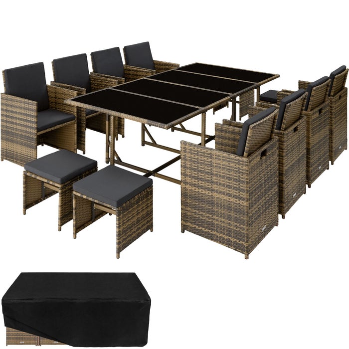 Ensemble de salon Palma 8+4+1 en rotin avec housse de protection, naturel/gris foncé